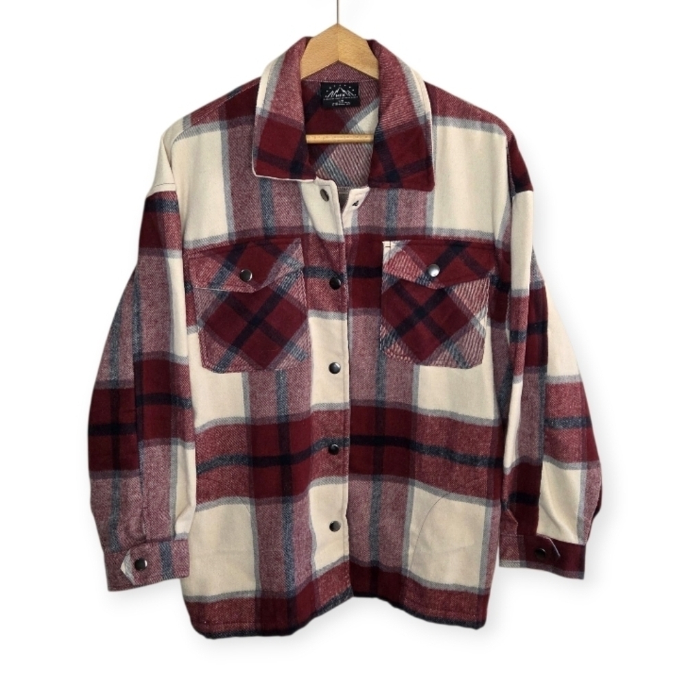 HFX Burgundy Cream Plaid Fleece Snap Front Shirt Jacket Shacket Size Large